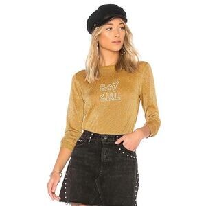NWOT J BRAND x BELLA FREUD Lurex Gold Shirt/Sweater Embroidered 'BOY GIRL' XS